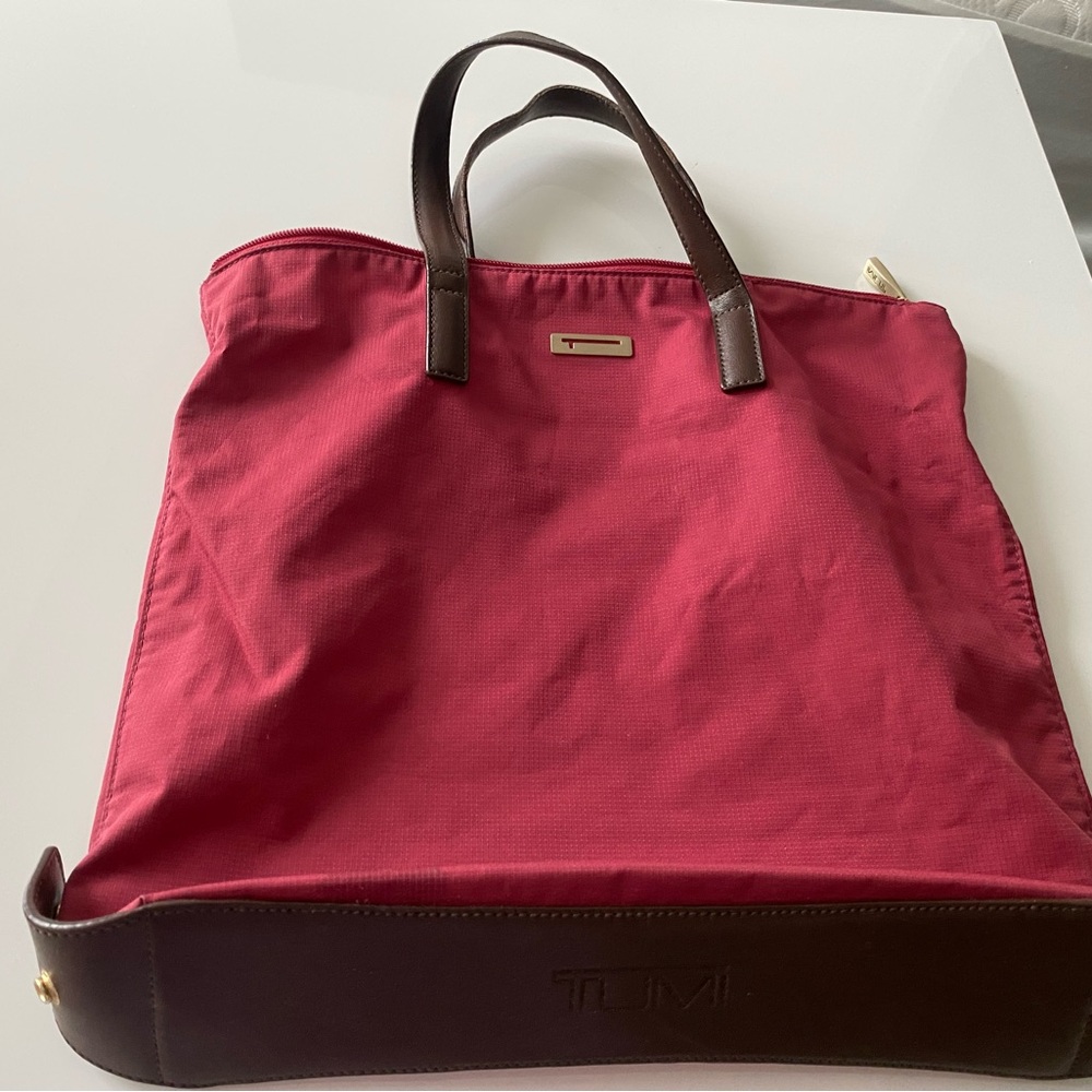 Tumi Red and Brown leather/Nylon Tote Bag